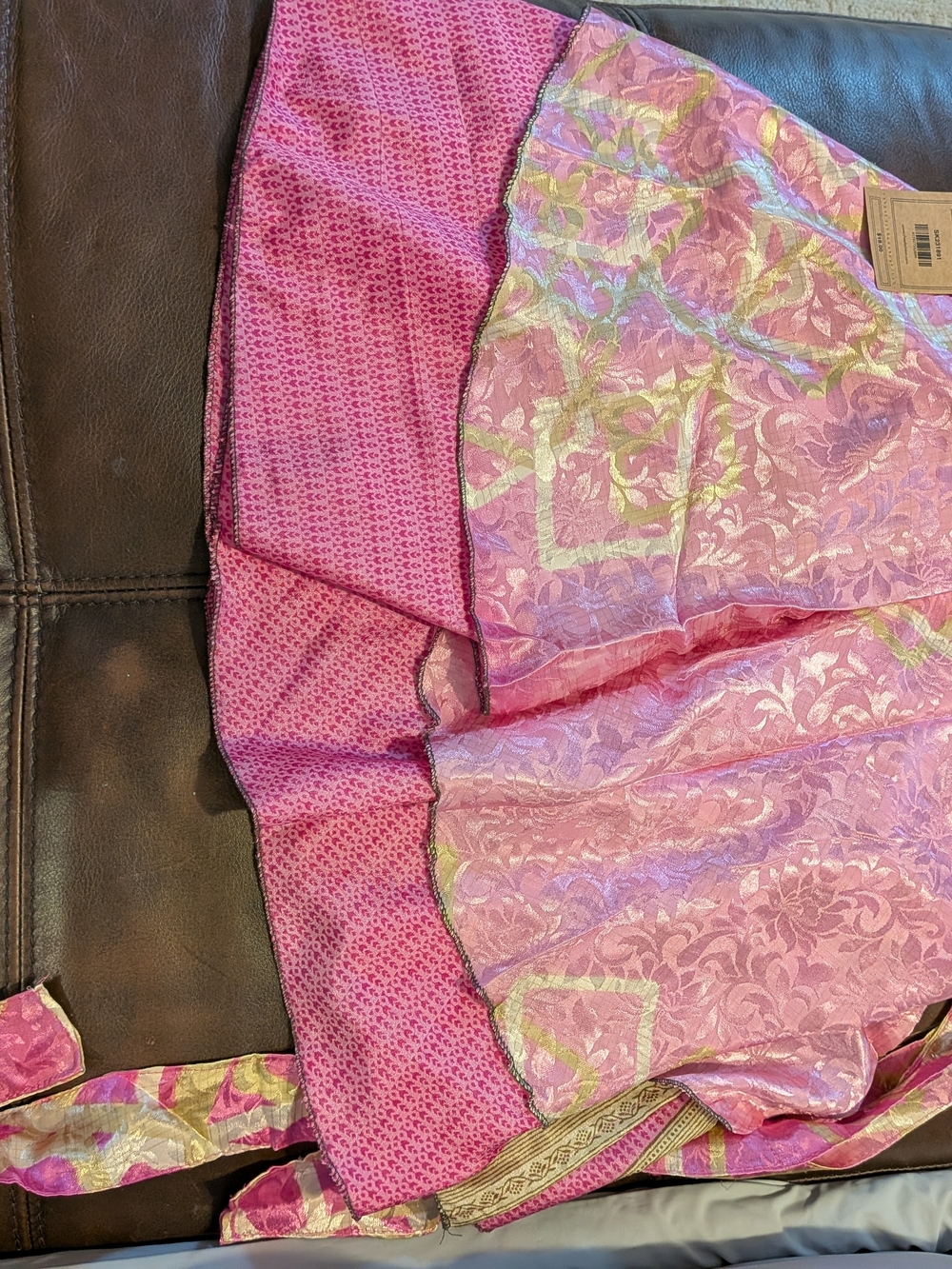 Rhea - Pink Floral Brocade Wrap Skirt with Gold Accents